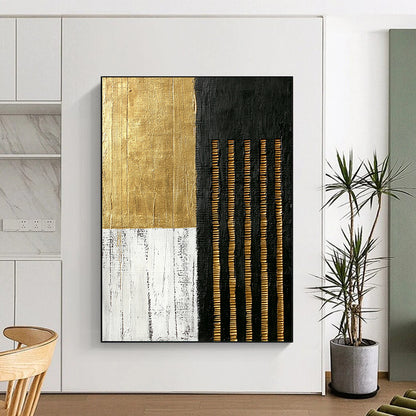 Black, White, Gold, Textured Stripes "Gilded Textured Stripes" Abstract Minimalist Painting On Canvas HB157