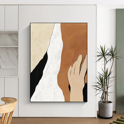 Large contemporary hand-painted abstract artwork featuring minimalistic design in beige, white, and black with textured skin tones and a peaceful aesthetic. DLZ0910
