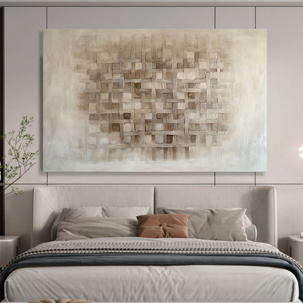 Beige Woven Grid Pattern - “Textured Tapestry” Painting On Canvas HB1446