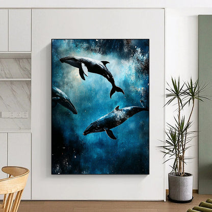 Abstract artwork showcasing ocean whales in cosmic space, featuring intricate underwater scenes, capturing a dark gritty aesthetic in digital painting style. DLZ1251