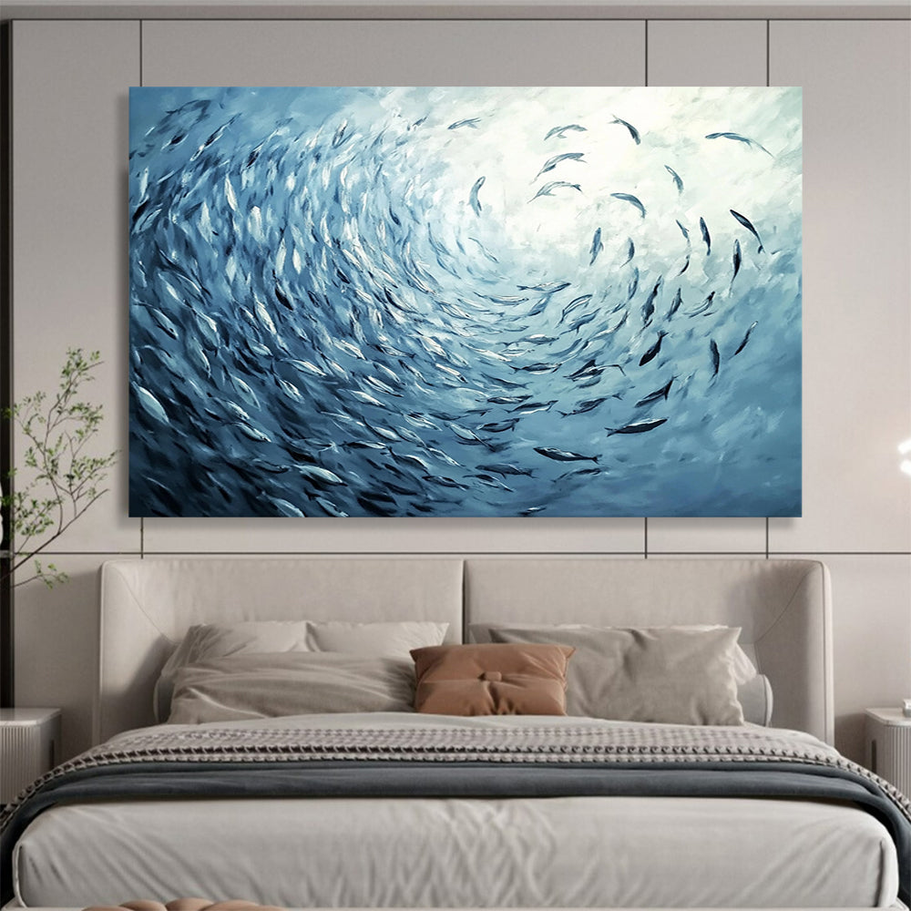 “Blue School of Fish Vortex” - Blue, Fish, Vortex Painting On Canvas HB0756