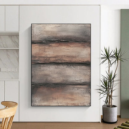 Contemporary hand-painted abstract art featuring textured layers of brown and gray evoking weathered wood in a rugged industrial style. DLZ1480
