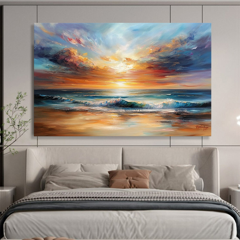 Golden - Hued Sea Sunset with Vibrant Skies - Impasto Seaside Painting On Canvas HB0444