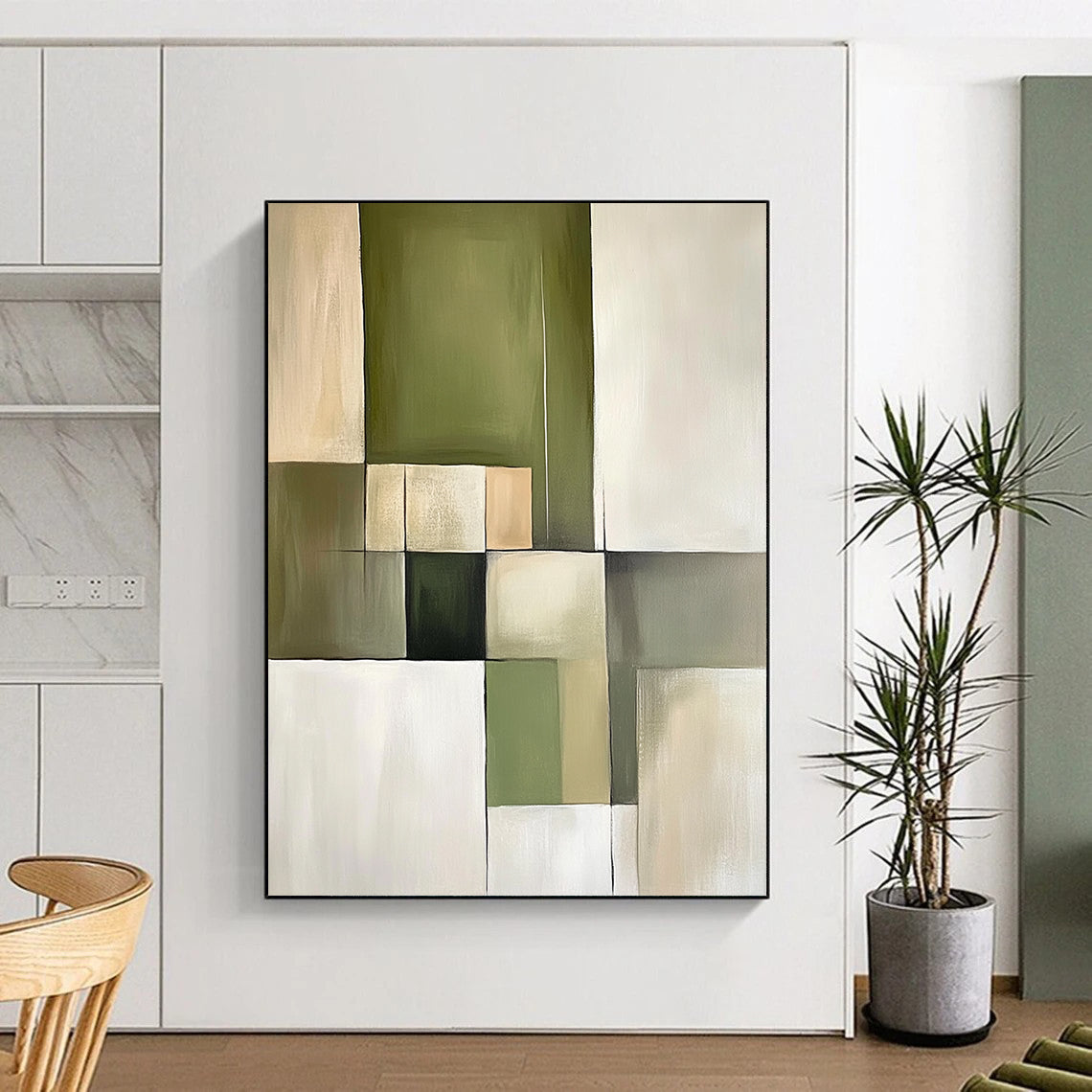 Contemporary abstract painting featuring green and beige blocks with soft tones and simple lines, embodying minimalism and geometric shapes on canvas. DLZ0747