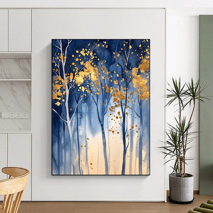 Contemporary hand-painted abstract artwork featuring an enchanted blue forest with golden leaf accents and soft lighting that evokes tranquility and magic. DLZ0326