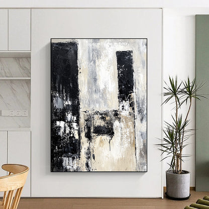 Contemporary hand-painted abstract artwork depicting urban ruins in black and white with neutral tones using vintage oil paint. DLZ0665