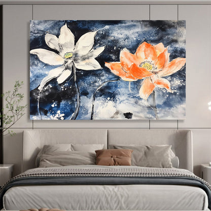 “Lotus Flowers In Blue” - Blue, White, Orange, Ink - Wash Floral Painting On Canvas HB0680