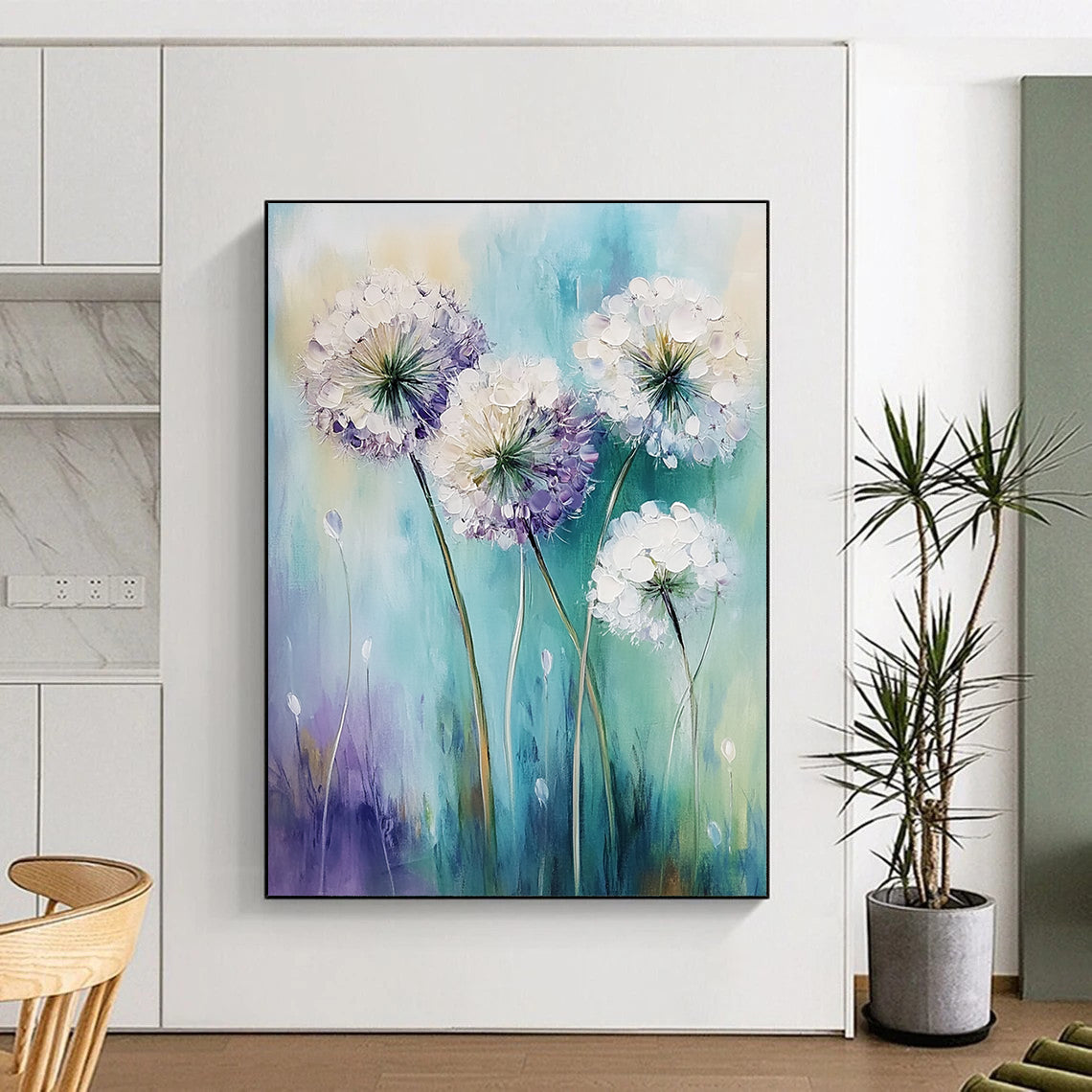 Contemporary abstract art featuring white alliums swaying in the wind with soft pale purple and teal hues in a gentle focus style. DLZ1730