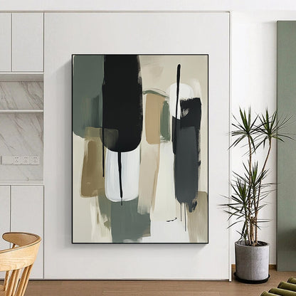 Contemporary hand-painted abstract artwork featuring thick brush strokes in sage green and white with neutral tones and striking black accents. DLZ0775