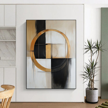 Contemporary hand-painted abstract art featuring shapes and lines in beige, white, black, grey, and gold with a prominent central circle. DLZ0893
