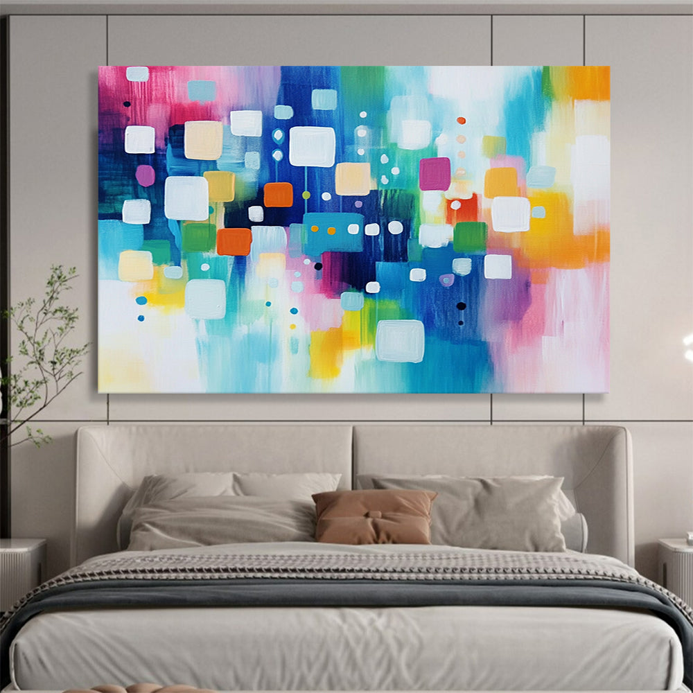 “Cheerful Colorful Geometric Squares and Circles” - Pink, blue, green, yellow, white; Abstract geometric squares and circles; Acrylic Painting On Canvas HB1235