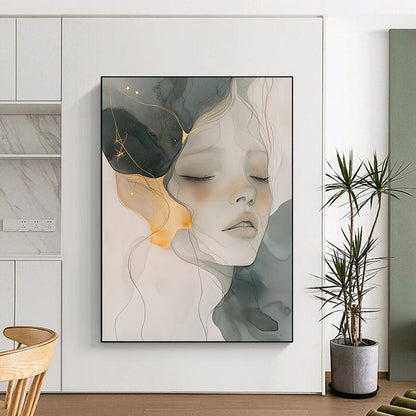 Contemporary abstract artwork features soft watercolor and ink wash with gold accents gentle color palette and ethereal ambience capturing serenity and fluidity. DLZ0786