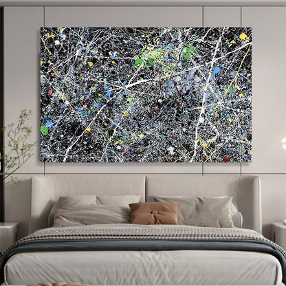“Colorful Splatter Abstract” - Black, Colorful Splatters, White Lines - Painting On Canvas HB1433