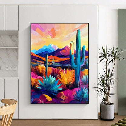 Vibrant modern abstract painting showcasing the Arizona desert with cacti and mountains in bold pink, blue, purple, yellow, and orange hues. DLZ1124