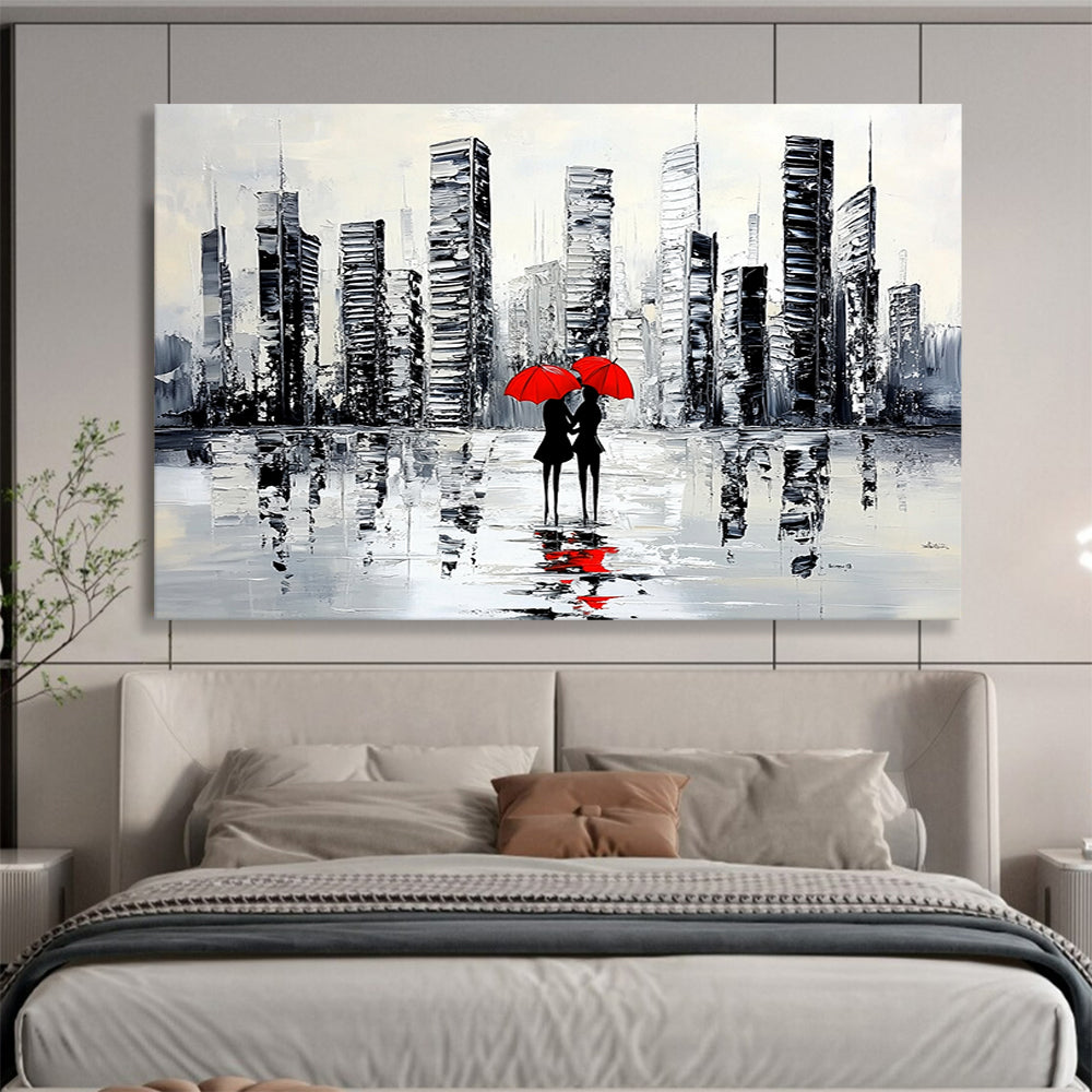 “City Lovers with Red Umbrellas” - Black, White, Red, Urban Couple Scene Painting On Canvas HB0849