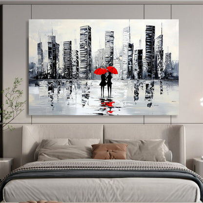 “City Lovers with Red Umbrellas” - Black, White, Red, Urban Couple Scene Painting On Canvas HB0849