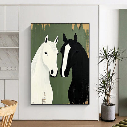 Contemporary abstract artwork featuring two horses in minimalist style against a green background, capturing rustic farmhouse charm and harmony in design. DLZ1719