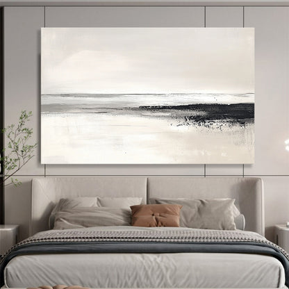 “Monochrome Coastline” - Black, White, Gray, Textured Shore and Calm Sea Painting On Canvas HB0932