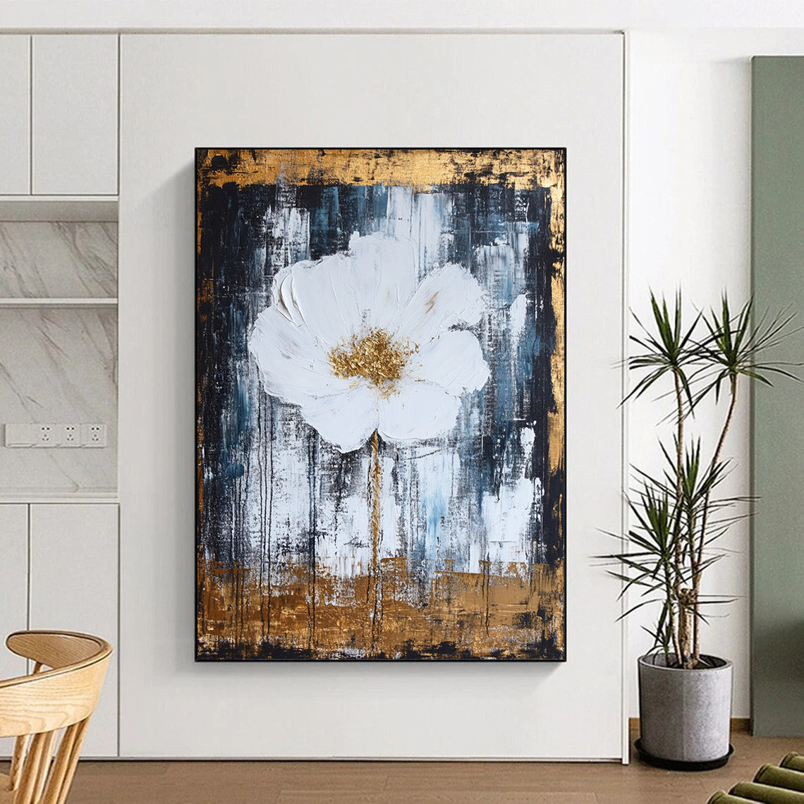 Contemporary hand-painted abstract artwork featuring white and gold tones, thick brush strokes, textured canvas, and a harmonious design with elegant metallic accents. DLZ0779