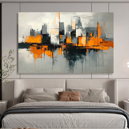 “Urban Geometry in Orange” - Orange, Gray, Black, Abstract Cubist Cityscape Painting On Canvas HB1079