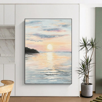 Contemporary hand-painted abstract artwork capturing serene coastal sunset hues reflecting on calm waters, evoking tranquility and peace. DLZ1458