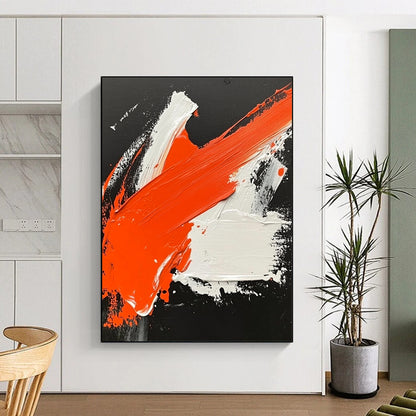 Contemporary hand-painted abstract artwork featuring dynamic orange and white strokes on a striking black background inspired by Wu Guanzhong. DLZ0499