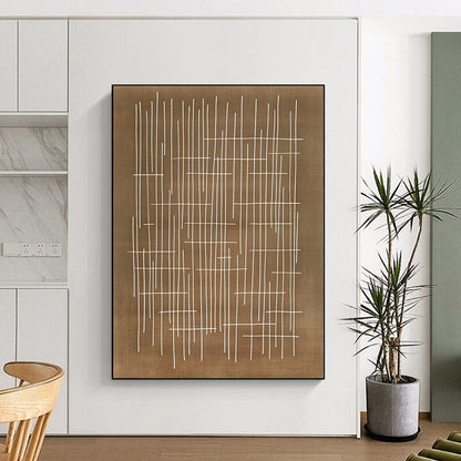 Contemporary abstract artwork featuring geometric patterns with white lines on a brown background inspired by Japanese calligraphy and Paul Klee's style. DLZ1159