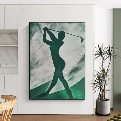 Contemporary abstract painting featuring an emerald green silhouette of a woman playing golf on textured paper with simple shapes. DLZ1406
