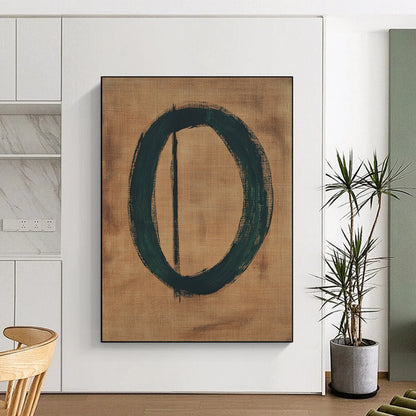 Contemporary abstract art features a green circular number zero on brown paper accented by thin black lines, crafted in an oil painting style. DLZ1466