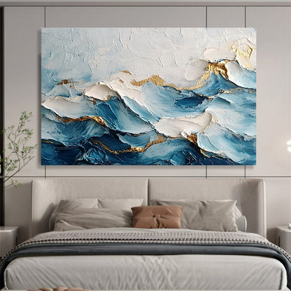 “Golden - Edged Blue Waves” - Blue, White, Gold, Textured Wave - like Abstract Painting On Canvas HB0976