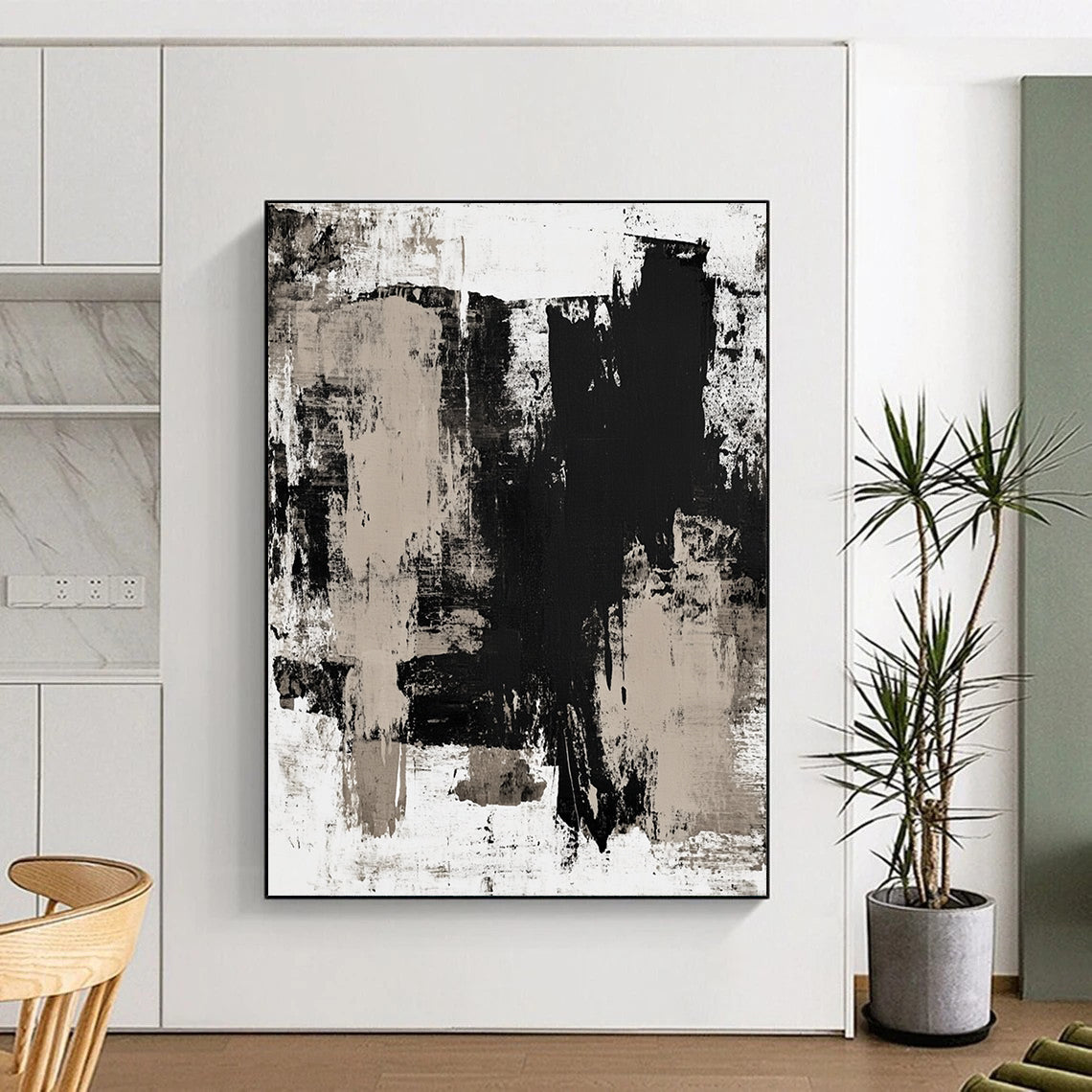 Contemporary hand-painted abstract art featuring beige tones on a white background with dark gray accents, adding elegance to any space. DLZ0294