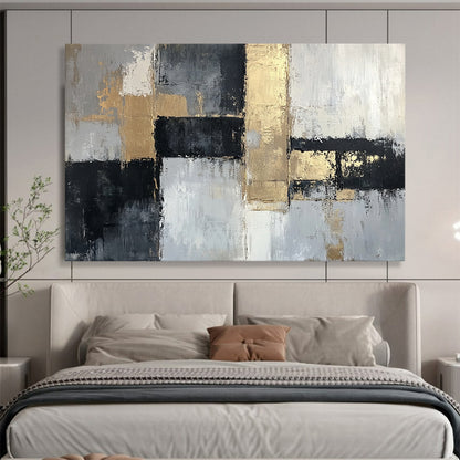 “Gold Accents on Gray Abstract” - Gray, white, black, gold; Abstract with geometric shapes and gold accents; Acrylic Painting On Canvas HB1268