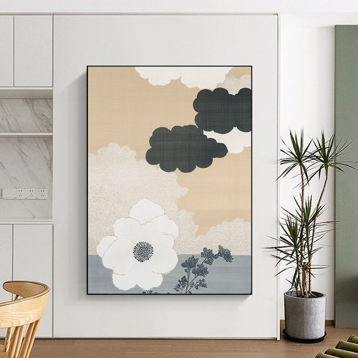 Contemporary abstract art features a beige and white cloud pattern on a gray ombre background with a large white flower and minimalist accents. DLZ1134