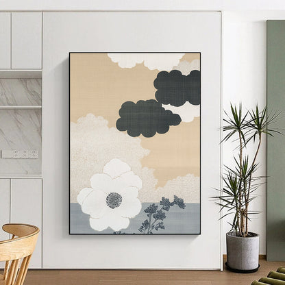 Contemporary abstract art features a beige and white cloud pattern on a gray ombre background with a large white flower and minimalist accents. DLZ1134