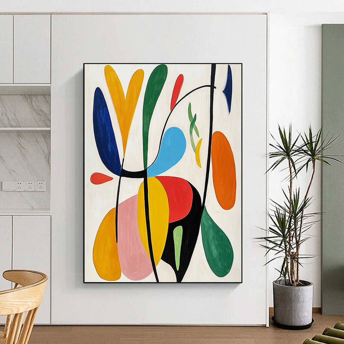 Large contemporary hand-painted abstract art featuring bright colors, organic forms, and simple lines on a white background, inspired by Matisse’s style. DLZ1271