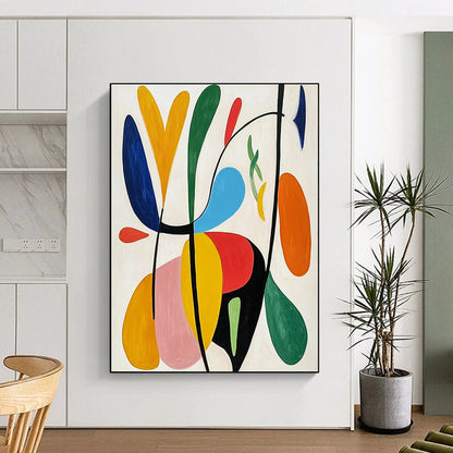 Large contemporary hand-painted abstract art featuring bright colors, organic forms, and simple lines on a white background, inspired by Matisse’s style. DLZ1271