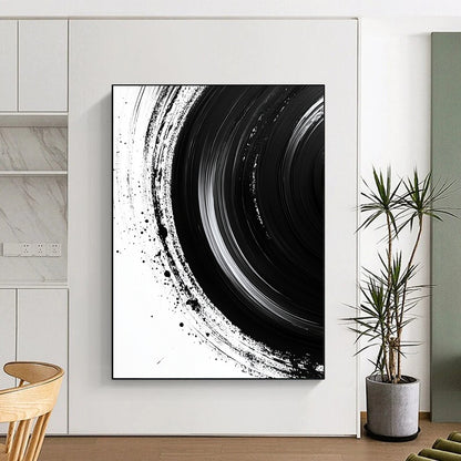 Black Concentric Brushstrokes on White - “Infinite Ink Vortex” Painting On Canvas HB217