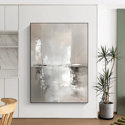 Contemporary abstract art features white and gray tones with water reflections and sailboats, showcasing loose brushstrokes and a modern minimalist aesthetic. DLZ0667