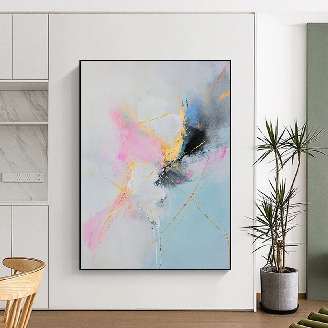 Large contemporary hand-painted abstract artwork featuring soft pastel colors and elegant golden lines in pink white blue yellow light gray and black. DLZ1061