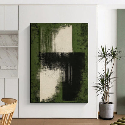 Contemporary abstract art features a minimal black ink brush stroke on a green background evoking mystery and visual harmony with bold gray tones. DLZ1360