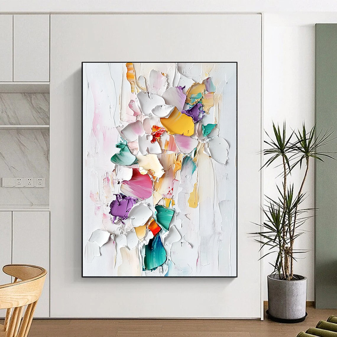 Contemporary abstract painting featuring colorful porcelain pieces and thick brush strokes on a textured white background in a pastel palette. DLZ0834