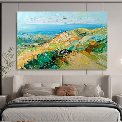 “Impasto Coastal Cliffs” - Green, Blue, Yellow, Textured Cliffs and Ocean View Painting On Canvas HB0925