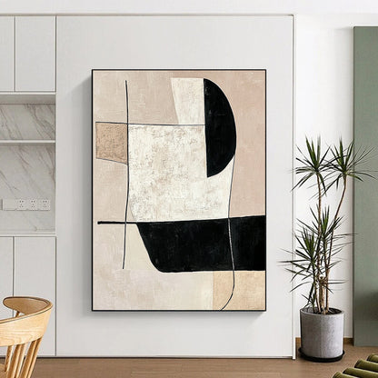 Contemporary abstract artwork featuring minimalist black and white shapes on a neutral beige background, emphasizing simple lines and modern elegance. DLZ1603