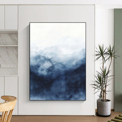 Contemporary abstract watercolor art featuring a stormy sky in dark blue and gray hues on a white background, evoking depth and mystery. DLZ0812