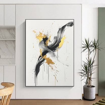Black, White, Gold, Gray, Swirling Splashes "Gilded Chaos" Abstract Expressionist Painting On Canvas HB098