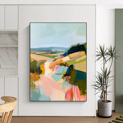 Contemporary abstract oil painting showcasing an Irish landscape with thick brush strokes in muted pastels of teal pink and yellow. DLZ0462
