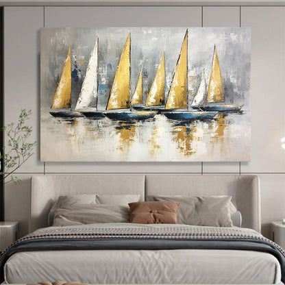 “Gold and Gray Sail Fleet” - Gold, Gray, Blue, Sailboats on Calm Water - Textured Oil Painting HB1733