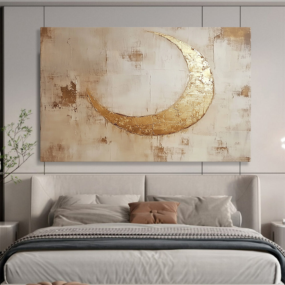 “Gilded Crescent Moonlit” - Gold, Beige, Brown, Textured Celestial Symbol Scenes Painting On Canvas HB1024