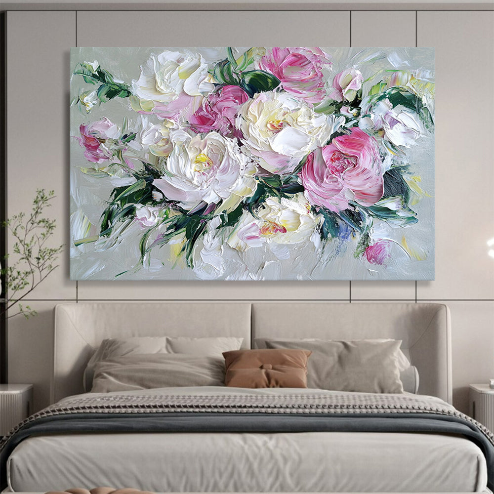 “Blush - Toned Peony Bouquet” - Soft Pinks, Whites, Greens, Textured Peony Flowers - Impasto Oil Painting HB1716
