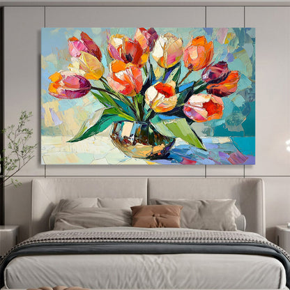 “Colorful Tulip Vase” - Vivid Oranges, Pinks, Purples, Lively Tulip Arrangement - Cubist - Inspired Oil Painting HB1723
